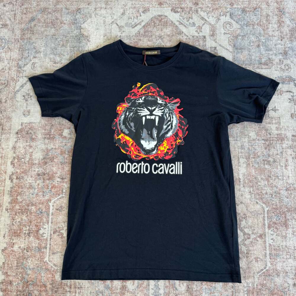Roberto Cavalli Men’s Black Fire Tiger Graphic Flame T-Shirt NWT XL
